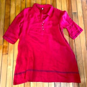 Red linen A line dress with buttons and navy trim